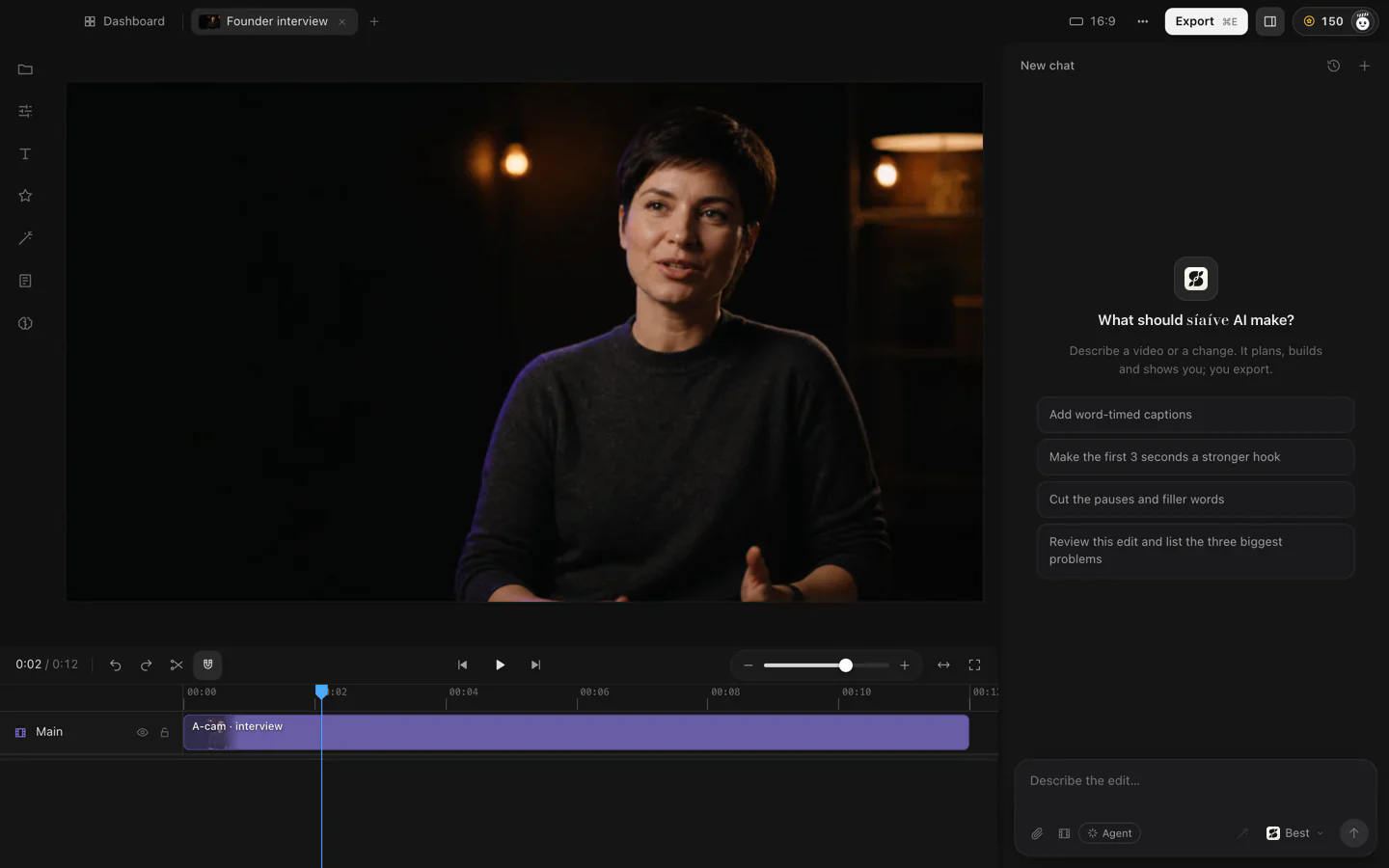 siaive's editor with a founder interview open: asked in its chat for a punchy reel, siaive AI puts the title “The first 100 days” behind the speaker, adds captions that pop word by word, b-roll and music on the timeline, and says what it did.